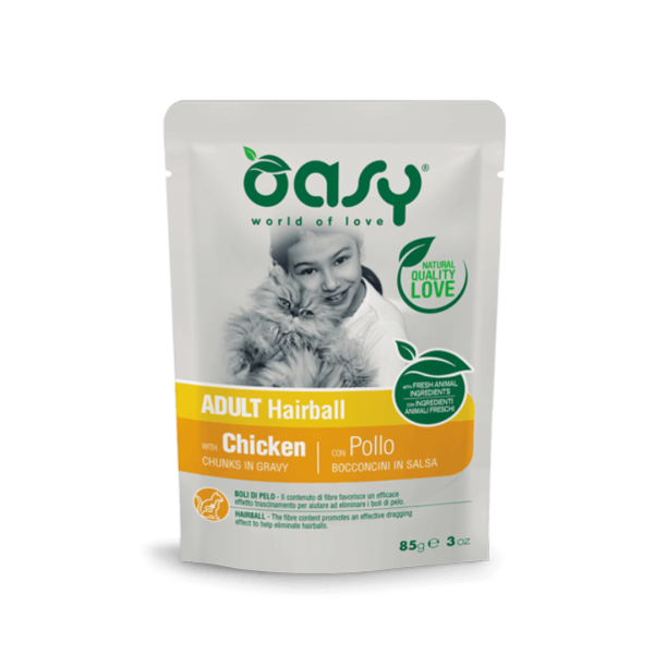 Oasy пауч влажна храна со пилешко за исфрлање влакна (hairball)